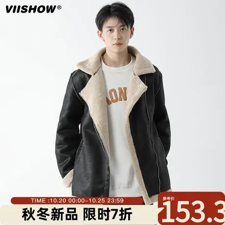 VIISHOW羊羔毛机车皮衣男秋冬潮流棉衣加绒加厚皮毛一体夹克外套商品大图