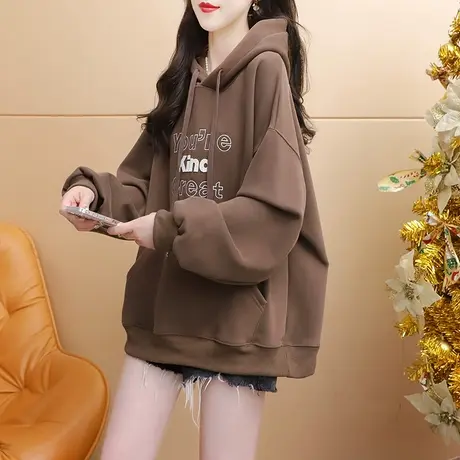 加绒加厚连帽卫衣外套女2023新款秋冬爆款时尚洋气宽松设计感上衣商品大图