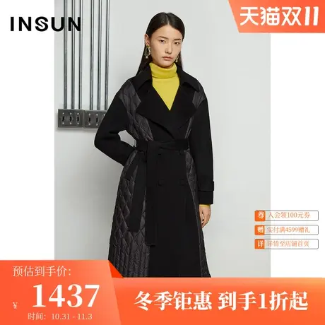 恩裳冬季时尚大气羽绒拼接H型落肩袖大翻领毛呢外套长款商品大图