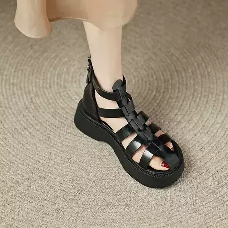 镂空凉鞋女2022夏季新款网红百搭漆皮复古英伦风松糕厚底罗马凉靴商品大图