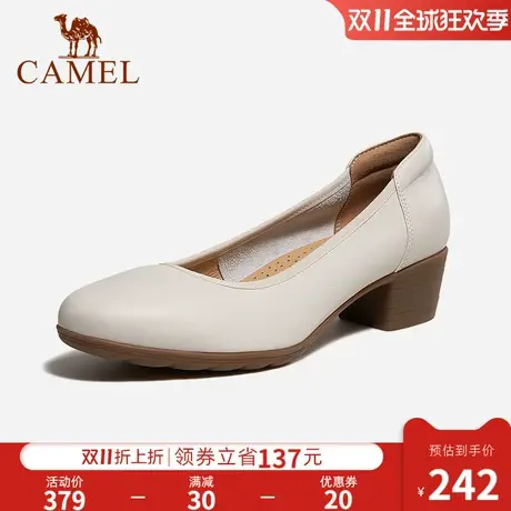 骆驼女鞋2023春季真皮百搭圆头粗跟通勤女鞋一脚蹬浅口单鞋小皮鞋图片
