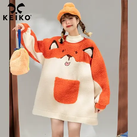 可爱狐狸造型绣花羊羔毛卫衣女加绒加厚2022冬季新款冬日毛绒外套商品大图