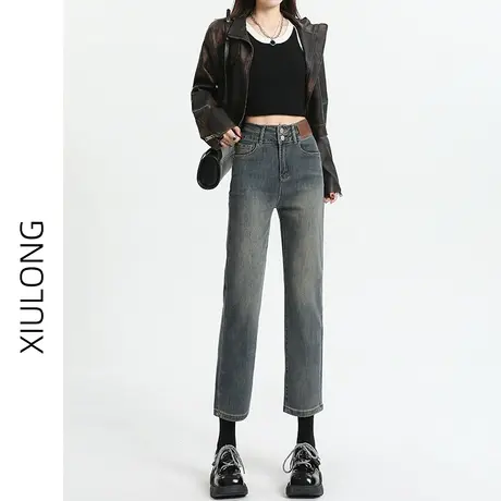 水泥灰高腰加绒牛仔裤女秋冬2023年新款显瘦小个子九分烟管直筒裤商品大图