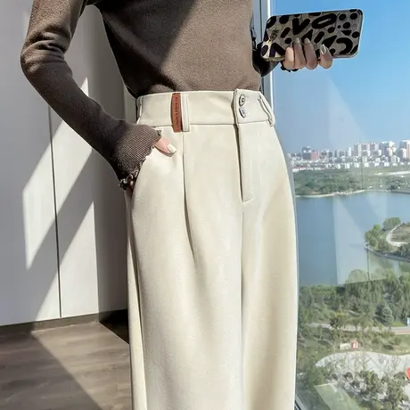 毛呢阔腿裤女春秋季2024年新款高腰垂感宽松拖地加厚西装直筒裤子商品大图