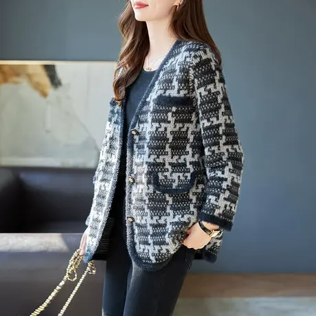 宝诗黎V领小香风亮丝针织外套2023秋冬季新款单排扣时尚开衫上衣商品大图