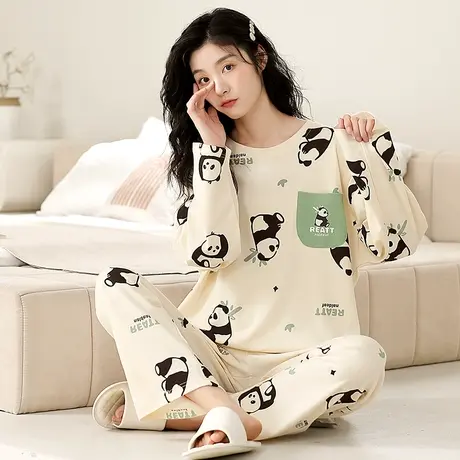 熊猫花花润微纯棉睡衣女士春秋简约全棉大码长袖长裤家居服套装商品大图