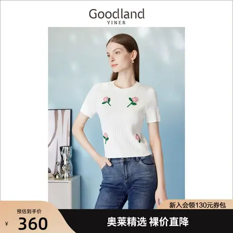 【玫瑰诗行】音儿美地女装2023夏新款立体绣花圆领套头短袖针织衫商品大图