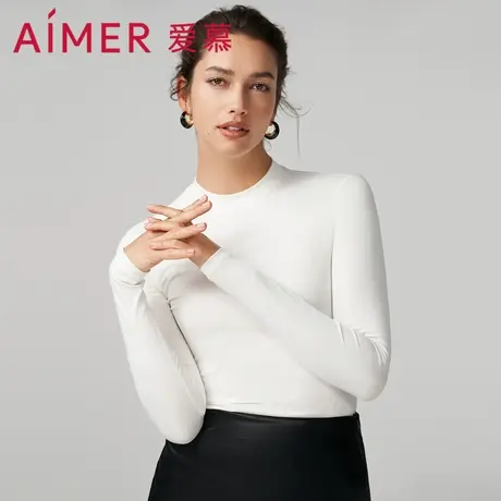 爱慕甄选保暖内衣女秋冬棉质纯色小圆领长袖上衣打底衣AM728852图片