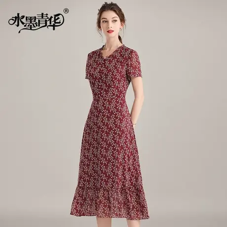 【1件7.9折】女装新款时尚舒适花色荷叶边裙子短袖雪纺连衣裙夏图片