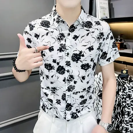 夏季短袖衬衫男士新款韩版潮牌花衬衣痞帅气时尚半袖冰丝夏装上衣商品大图