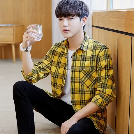 秋季男士长袖格子衬衫撞色韩版潮流格纹寸衣学生休闲男装黄色衬衣商品大图