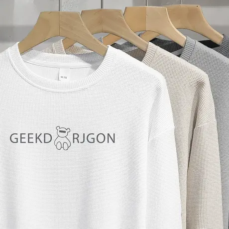 华夫格白色卫衣男2024新款小熊圆领长袖t恤无帽上衣宽松潮流百搭商品大图