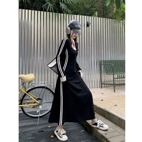 大码胖mm连衣裙子春秋季新款收腰显瘦韩版过膝长裙时髦女装200斤图片