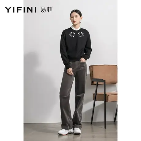 Yifini/易菲灯芯绒直筒长裤女春秋新款休闲通勤纯棉百搭裤子商品大图