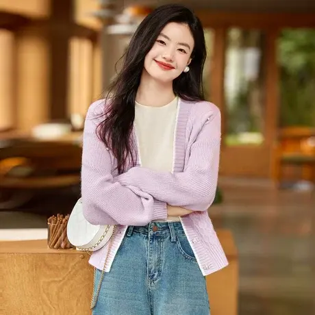 时尚气质毛衣开衫2023年秋季新款女装温柔气质灯笼袖V领长袖商品大图