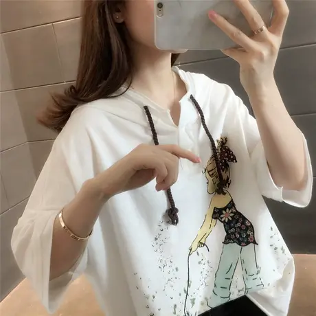 连帽印花白色t恤女2023夏季新款短袖宽松薄款上衣减龄设计感体恤图片