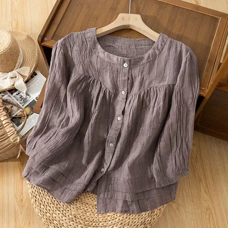 享永子七分袖天丝苎麻衬衫女夏文艺复古宽松纯色棉麻上衣2024新款商品大图