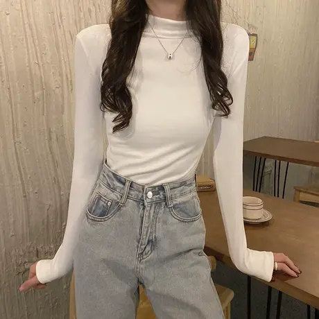 半高领纯色打底小衫内搭女2023洋气紧身上衣春秋冬百搭长袖t恤商品大图