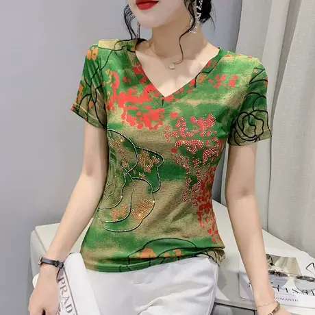 薄款网纱T恤女短袖洋气印花V领小衫2024年新款修身上衣设计感小众图片