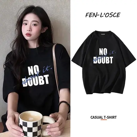 新款潮牌短袖t恤女2023年夏季半袖ins潮宽松字母纯棉圆领体桖上衣商品大图