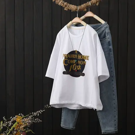 夏季2023年新款女士纯棉短袖t恤女宽松显瘦圆领套头印花半袖上衣商品大图