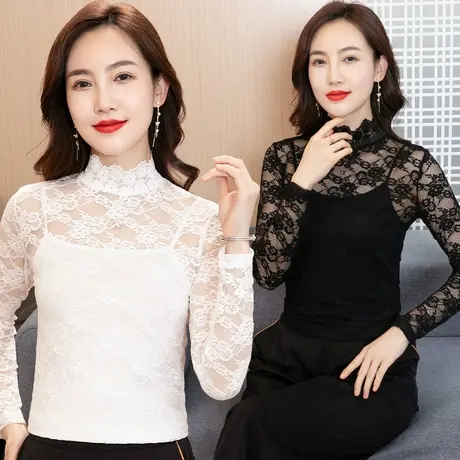 芙黛怡2022新款蕾丝打底衫春秋季长袖内搭网纱弹力小衫洋气上衣图片