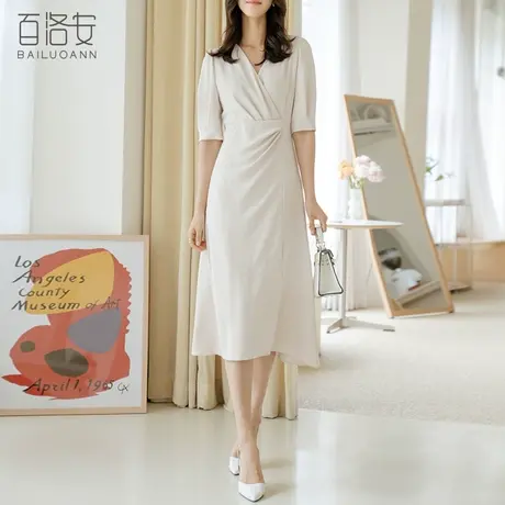 百洛安V领短袖连衣裙夏季新款收腰显瘦a字裙女职业通勤中长款裙子图片