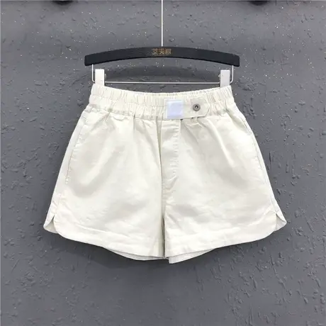 米色简约休闲女士阔腿裤短裤2024夏季新款松紧腰高腰宽松牛仔短裤商品大图