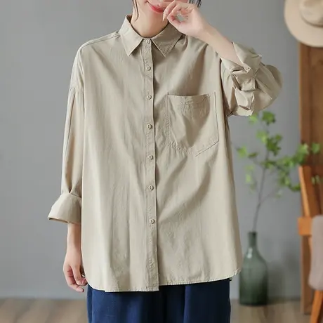 dza 复古显瘦口袋衬衫女士春秋宽松翻领长袖上衣休闲白色纯棉衬衣商品大图