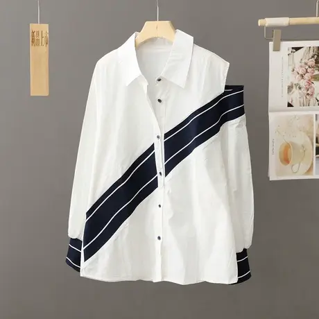 休闲白色露肩衬衫女宽松大码中长款拼色衬衣2024春秋新款外搭上衣商品大图