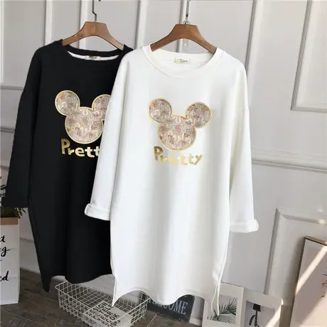 2022春秋新款宽松大码纯棉加厚磨毛t恤女长袖韩版宽松中长款上衣商品大图