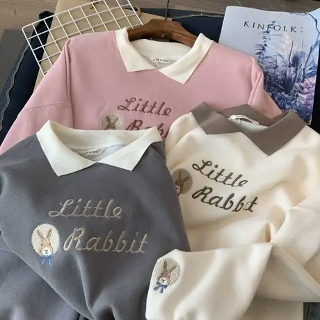 2023年春秋新款韩国刺绣POLO领宽松学生百搭卫衣女薄款外套上衣潮商品大图