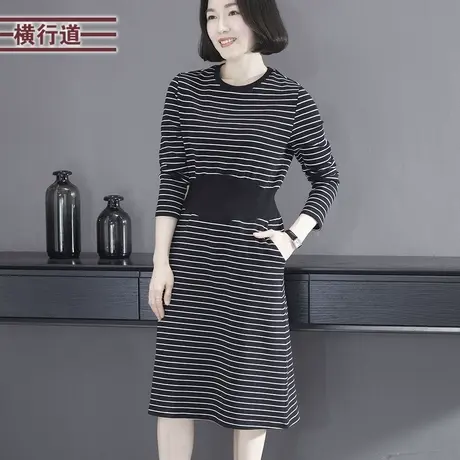 2024春季新款韩版简约圆领条纹收腰长袖连衣裙休闲外穿大码上衣女图片