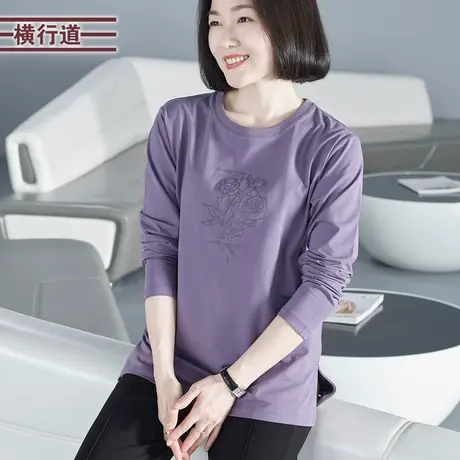 2025春季新款简约休闲圆领绣花宽松长袖T恤女装大码打底衫妈妈装商品大图