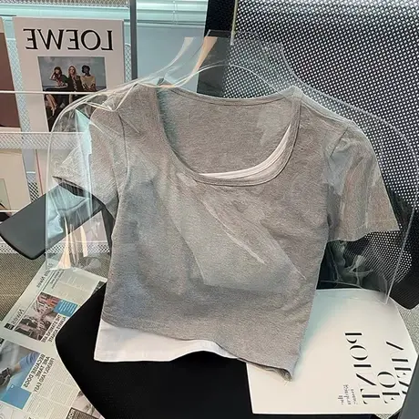 2024夏季美式短款别致独特短袖t恤女ins潮不规则假两件设计感上衣商品大图