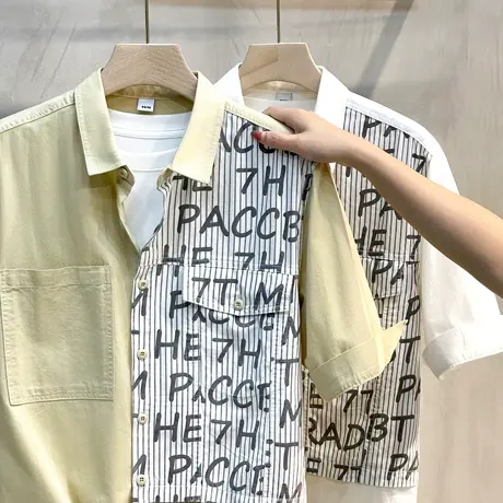 条纹拼接纯棉短袖衬衫男夏季设计感潮休闲衬衣男痞帅日系宽松外穿商品大图