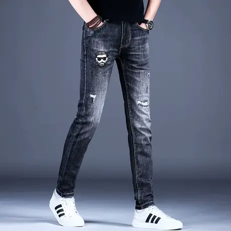 刺绣破洞牛仔裤男款修身小脚秋冬潮流2023新款秋冬薄休闲裤子潮牌商品大图