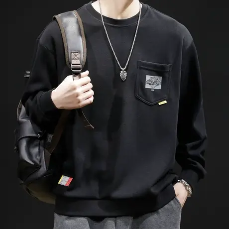 黑色卫衣男士秋季2023新款宽松圆领ins潮牌秋冬大码长袖加肥加大商品大图