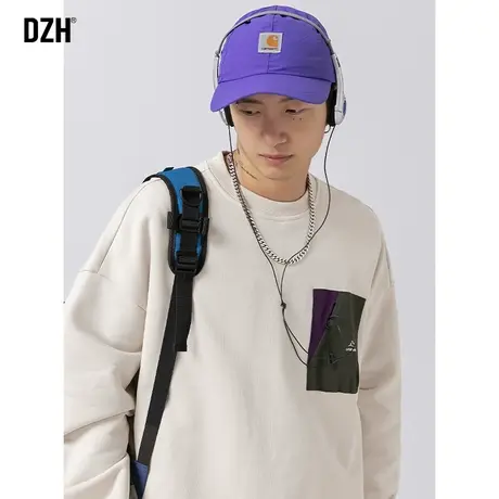 男士美式圆领卫衣男春秋季2023新款重磅宽松长袖杏色上衣男装外套商品大图