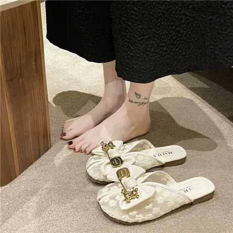 网纱鱼嘴拖鞋女外穿2024年新款网红百搭包头蝴蝶结仙女风懒人凉拖图片