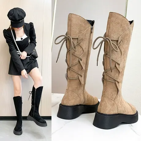 侧拉链靴子女2023新款复古长靴西部牛仔靴棕色骑士高筒靴中筒靴图片