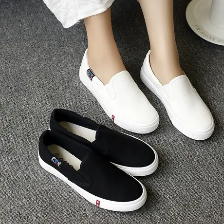 小白鞋春夏新款帆布鞋女鞋懒人一脚蹬套脚潮百搭白色黑色休闲鞋子商品大图