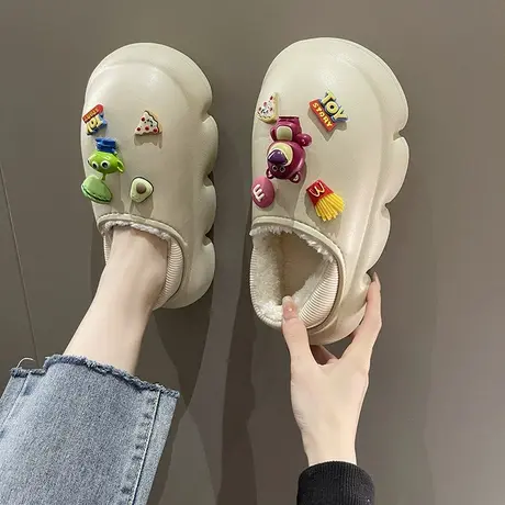 厚底防滑防水棉拖鞋女外穿冬季室内保暖加绒可爱卡通个性包跟棉鞋商品大图