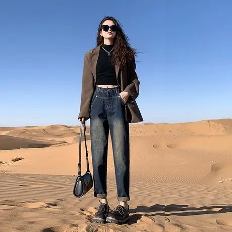 水泥灰高腰哈伦牛仔裤女春秋2024年新款显瘦宽松小个子九分老爹裤商品大图