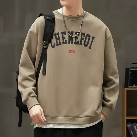 秋冬季美式高街潮牌假两件圆领卫衣2023新款男生重磅套头长袖上衣商品大图