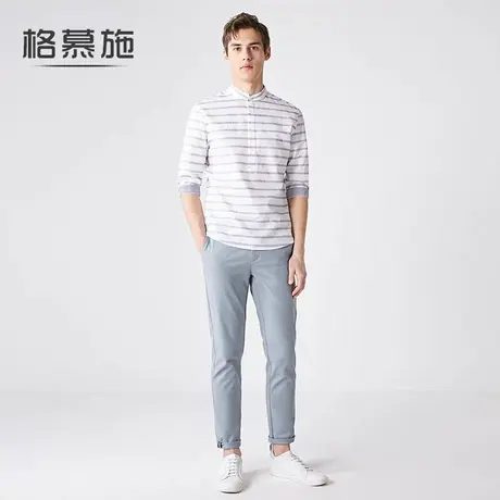 格慕施男纯棉短袖条纹宽松韩版中袖衬衫男士休闲七分袖衬衣加大码图片
