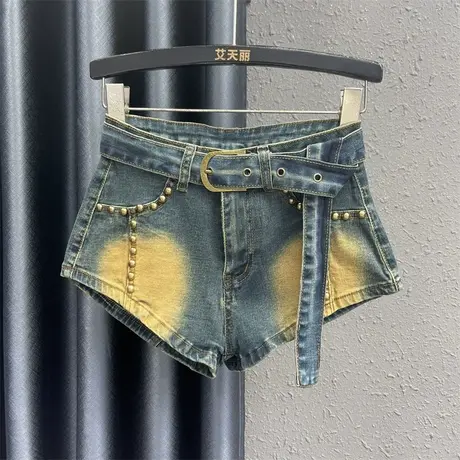 欧货重工铆钉牛仔短裤女24春夏新款辣妹宽松显瘦a字阔腿裤热裤潮图片