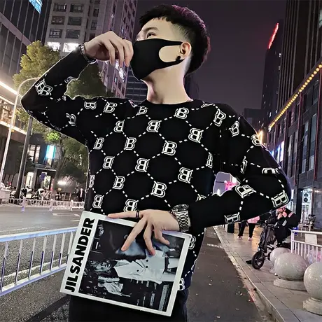 潮牌毛衣男冬季新款时尚修身打底针织衫潮流韩版花色字母提花线衣商品大图