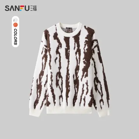 三福2023冬男士满版斑驳裂纹毛衣 潮流慵懒圆领上衣男479573图片
