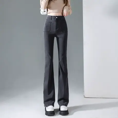 唐狮牛仔裤女修身显瘦秋季新微弹喇叭裤潮流时尚韩版黑色裤子图片